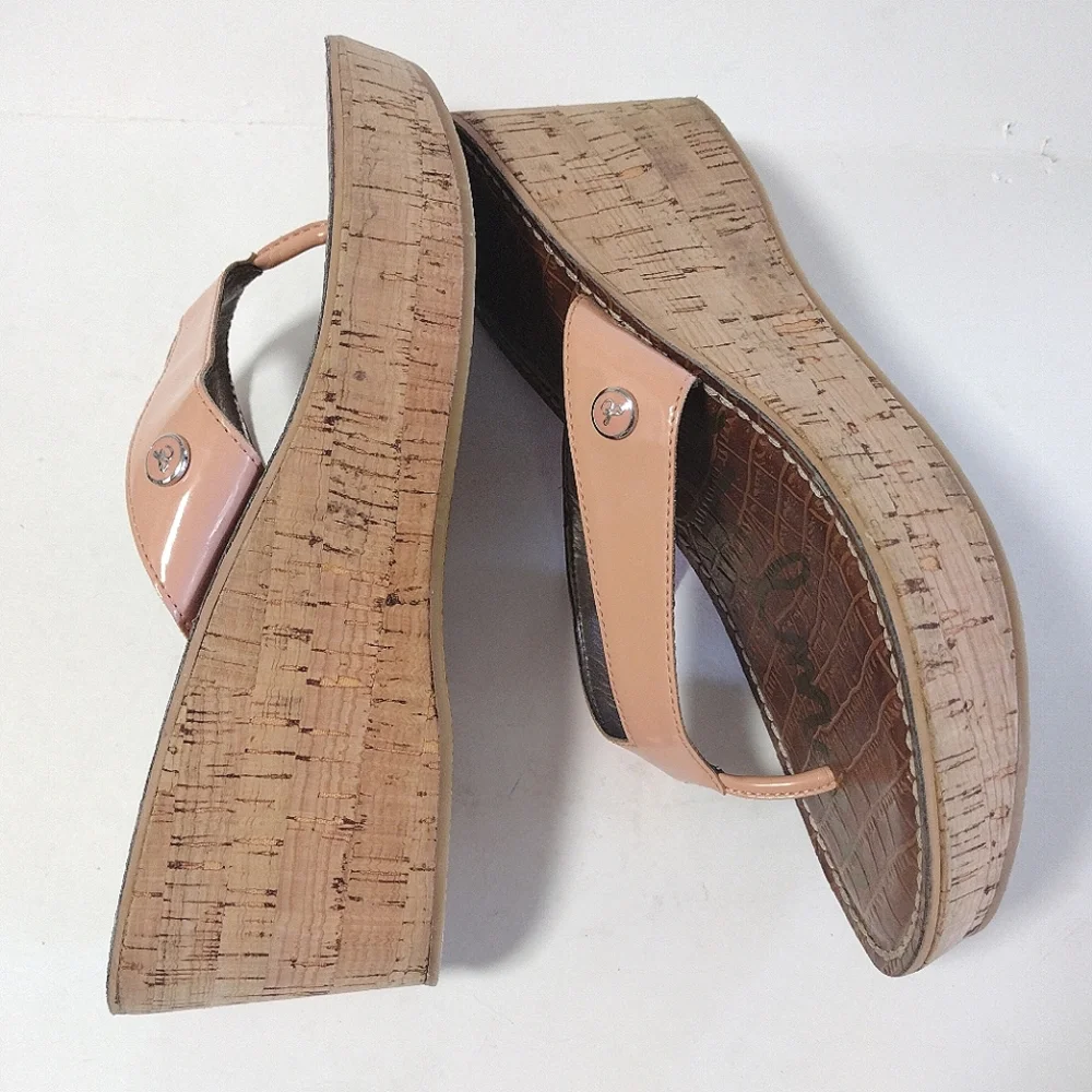 Sam Edelman Women's Romy Patent Wedge Thong Cork Platform Sandals Size 9